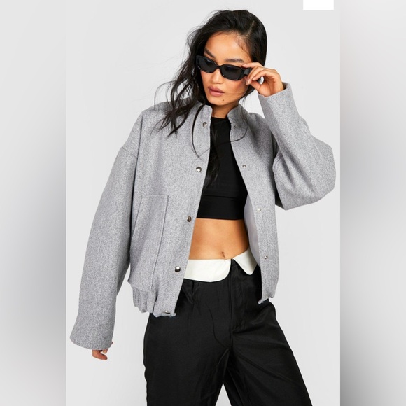 BOOHOO Wool Look Oversized Bomber Jacket - Cream (Sz 10) - Picture 5 of 6